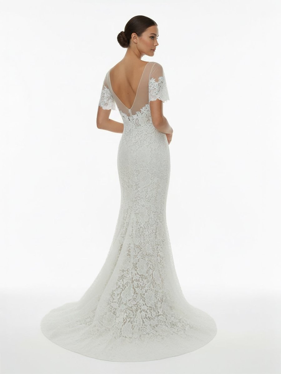 Mermaid Scoop Illusion Neck Floral Wedding Dress - KissProm