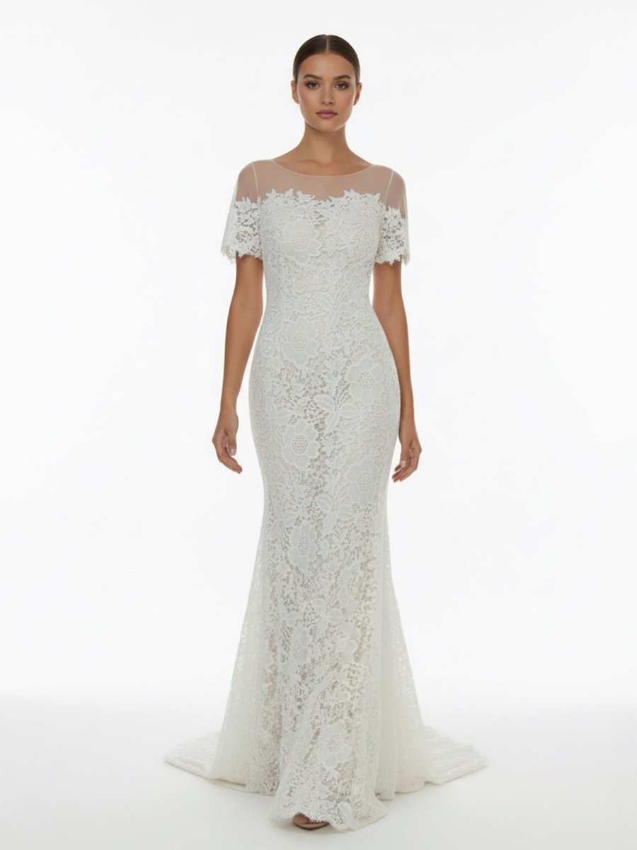 Mermaid Scoop Illusion Neck Floral Wedding Dress - KissProm