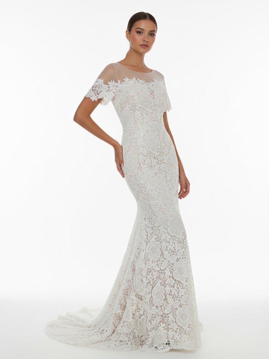 Mermaid Scoop Illusion Neck Floral Wedding Dress - KissProm