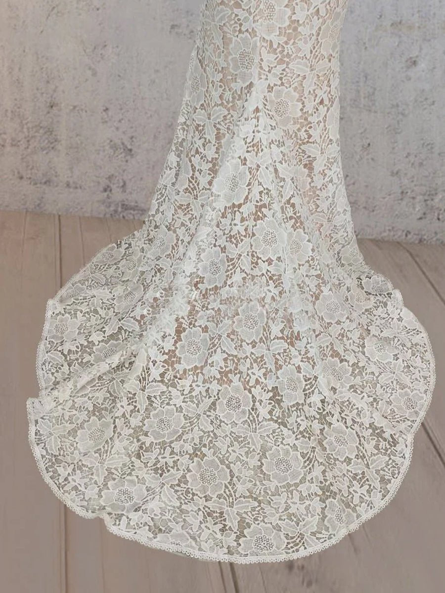 Mermaid Scoop Illusion Neck Floral Wedding Dress - KissProm