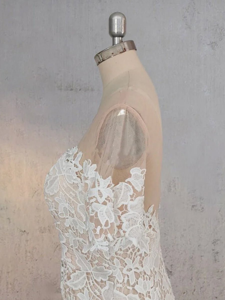 Mermaid Scoop Illusion Neck Floral Wedding Dress - KissProm