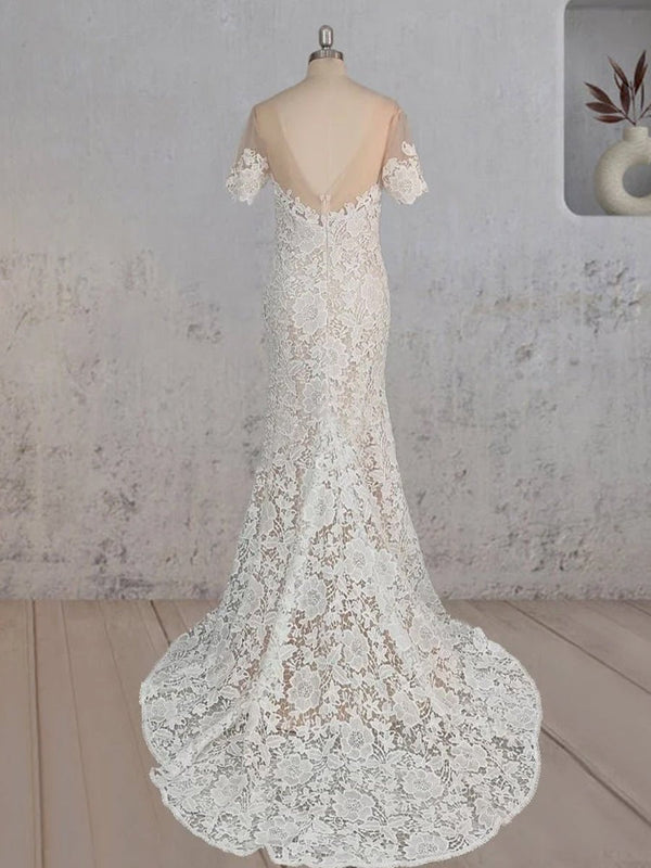 Mermaid Scoop Illusion Neck Floral Wedding Dress - KissProm