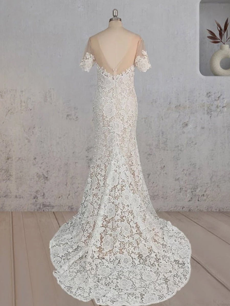 Mermaid Scoop Illusion Neck Floral Wedding Dress - KissProm