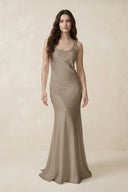 Mermaid Scoop Neck Satin Bridesmaid Dress with Bow in Almond - KissProm Bridesmaid Dresses