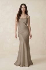 Mermaid Scoop Neck Satin Bridesmaid Dress with Bow in Almond - KissProm Bridesmaid Dresses