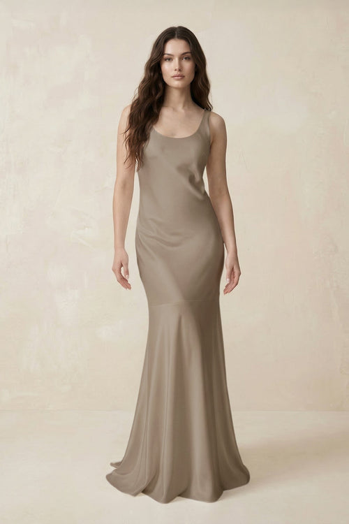 Mermaid Scoop Neck Satin Bridesmaid Dress with Bow in Almond - KissProm Bridesmaid Dresses
