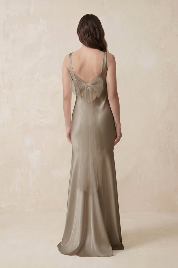 Mermaid Scoop Neck Satin Bridesmaid Dress with Bow in Almond - KissProm Bridesmaid Dresses