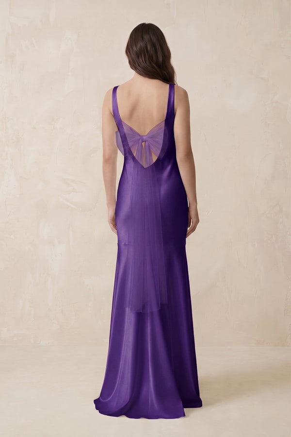 Mermaid Scoop Neck Satin Bridesmaid Dress with Bow in Amethyst - KissProm Bridesmaid Dresses