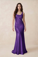 Mermaid Scoop Neck Satin Bridesmaid Dress with Bow in Amethyst - KissProm Bridesmaid Dresses