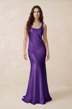 Mermaid Scoop Neck Satin Bridesmaid Dress with Bow in Amethyst - KissProm Bridesmaid Dresses