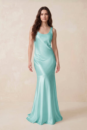 Mermaid Scoop Neck Satin Bridesmaid Dress with Bow in Aqua - KissProm Bridesmaid Dresses