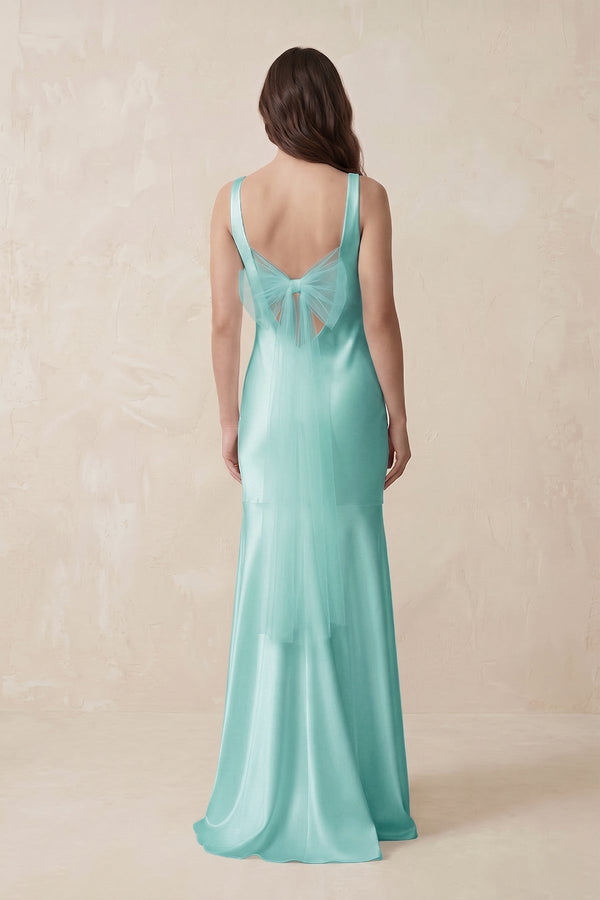 Mermaid Scoop Neck Satin Bridesmaid Dress with Bow in Aqua - KissProm Bridesmaid Dresses