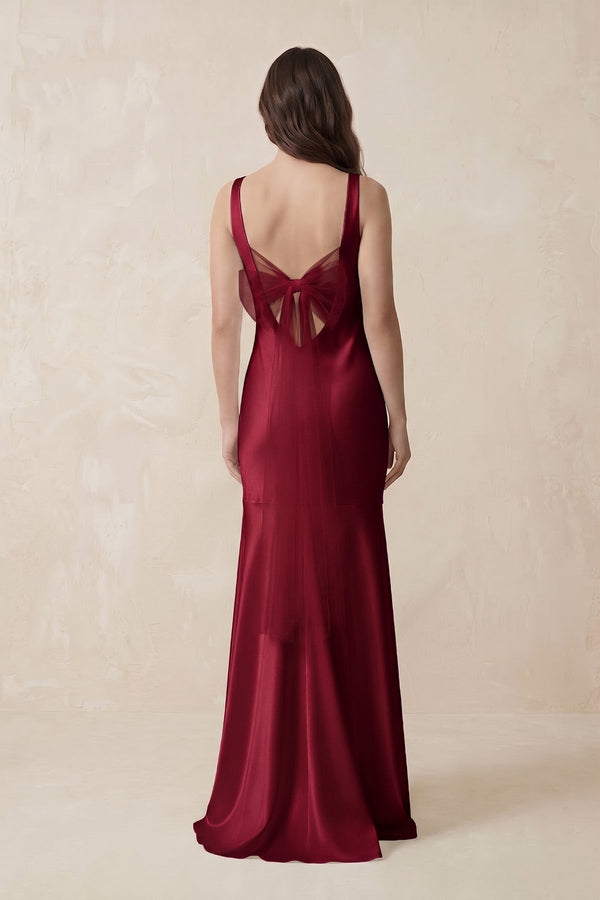 Mermaid Scoop Neck Satin Bridesmaid Dress with Bow in Berry - KissProm Bridesmaid Dresses