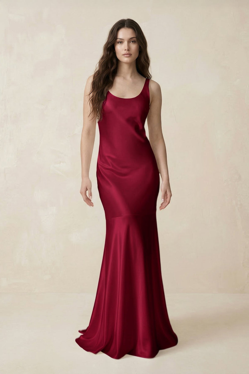 Mermaid Scoop Neck Satin Bridesmaid Dress with Bow in Berry - KissProm Bridesmaid Dresses