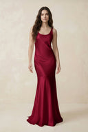 Mermaid Scoop Neck Satin Bridesmaid Dress with Bow in Berry - KissProm Bridesmaid Dresses