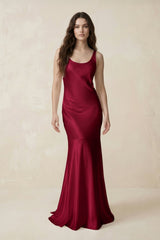 Mermaid Scoop Neck Satin Bridesmaid Dress with Bow in Berry - KissProm Bridesmaid Dresses