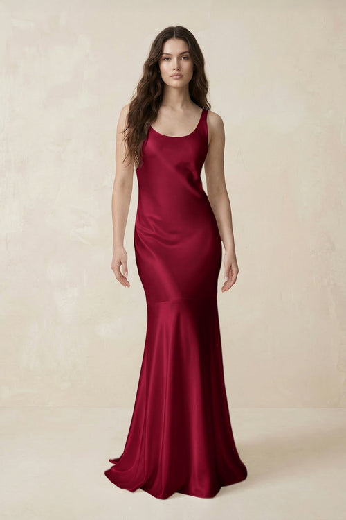 Mermaid Scoop Neck Satin Bridesmaid Dress with Bow in Berry - KissProm Bridesmaid Dresses