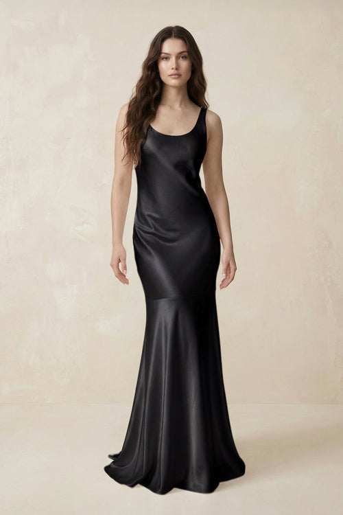 Mermaid Scoop Neck Satin Bridesmaid Dress with Bow in Black - KissProm Bridesmaid Dresses