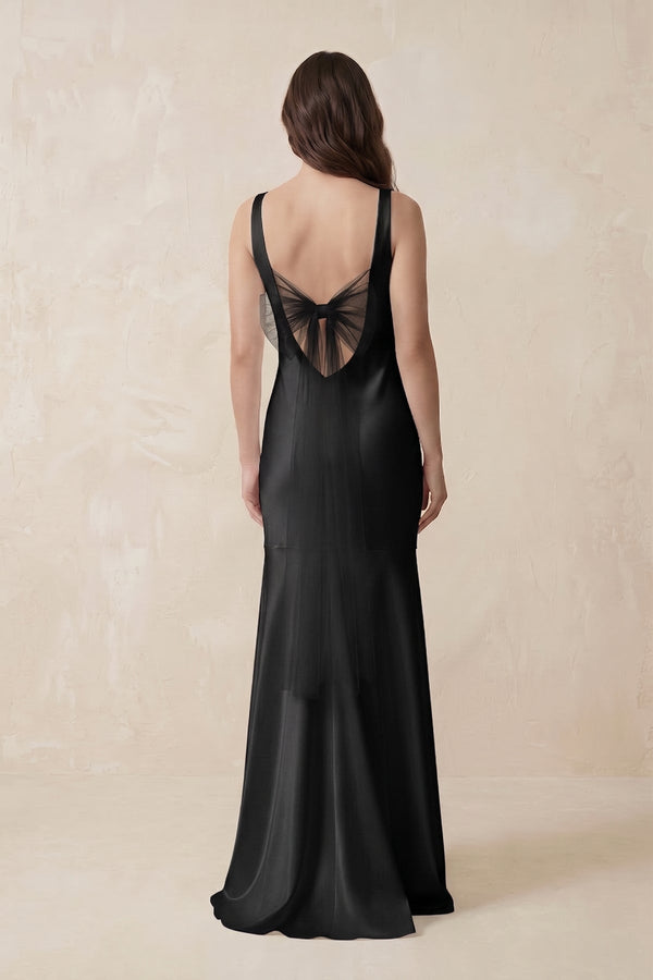 Mermaid Scoop Neck Satin Bridesmaid Dress with Bow in Black - KissProm Bridesmaid Dresses