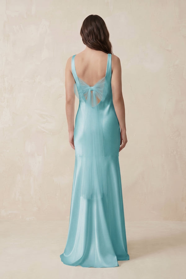 Mermaid Scoop Neck Satin Bridesmaid Dress with Bow in Bleached Aqua - KissProm Bridesmaid Dresses