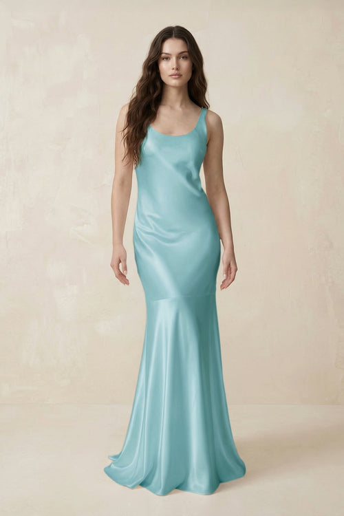 Mermaid Scoop Neck Satin Bridesmaid Dress with Bow in Bleached Aqua - KissProm Bridesmaid Dresses