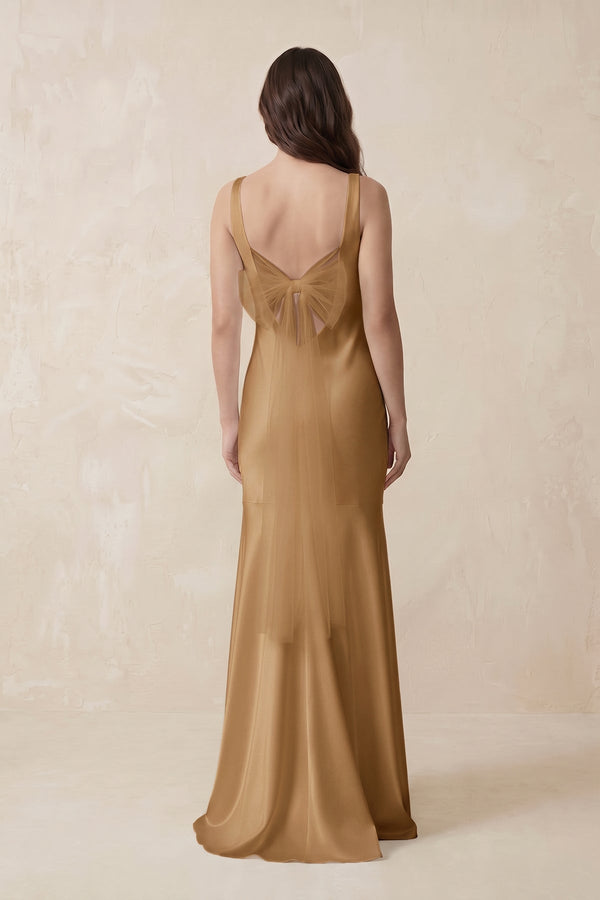 Mermaid Scoop Neck Satin Bridesmaid Dress with Bow in Bronzer - KissProm Bridesmaid Dresses