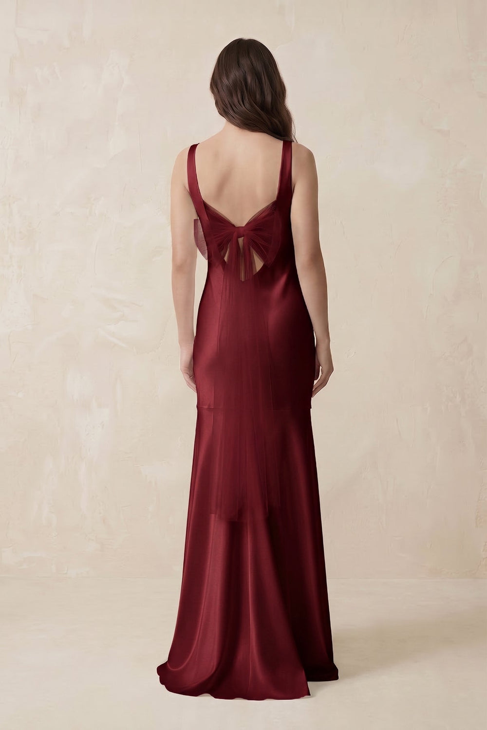 Mermaid Scoop Neck Satin Bridesmaid Dress with Bow in Burgundy - KissProm Bridesmaid Dresses