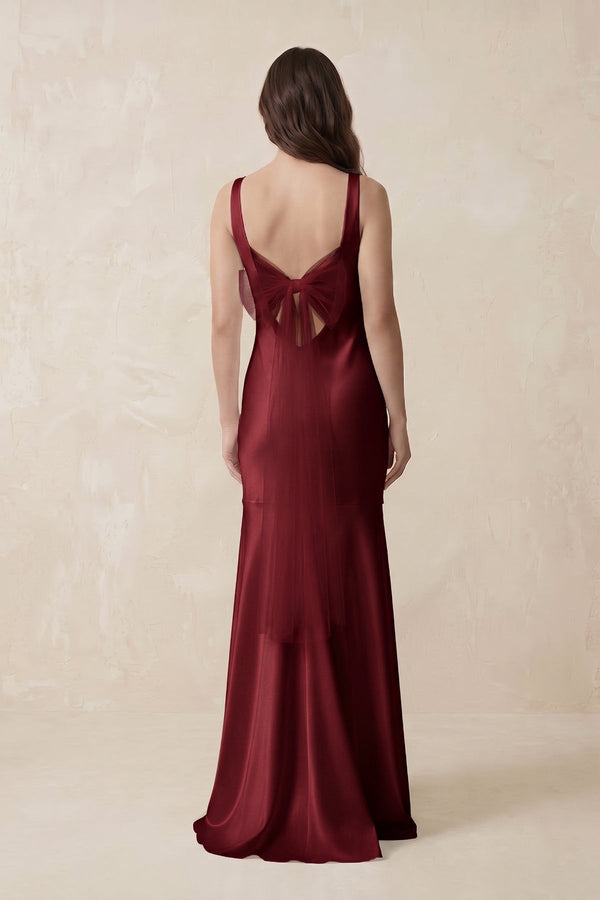 Mermaid Scoop Neck Satin Bridesmaid Dress with Bow in Burgundy - KissProm Bridesmaid Dresses