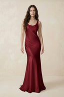 Mermaid Scoop Neck Satin Bridesmaid Dress with Bow in Burgundy - KissProm Bridesmaid Dresses
