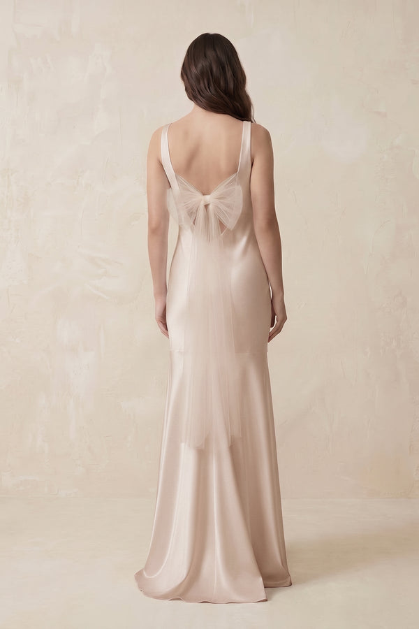Mermaid Scoop Neck Satin Bridesmaid Dress with Bow in Buttercream - KissProm Bridesmaid Dresses