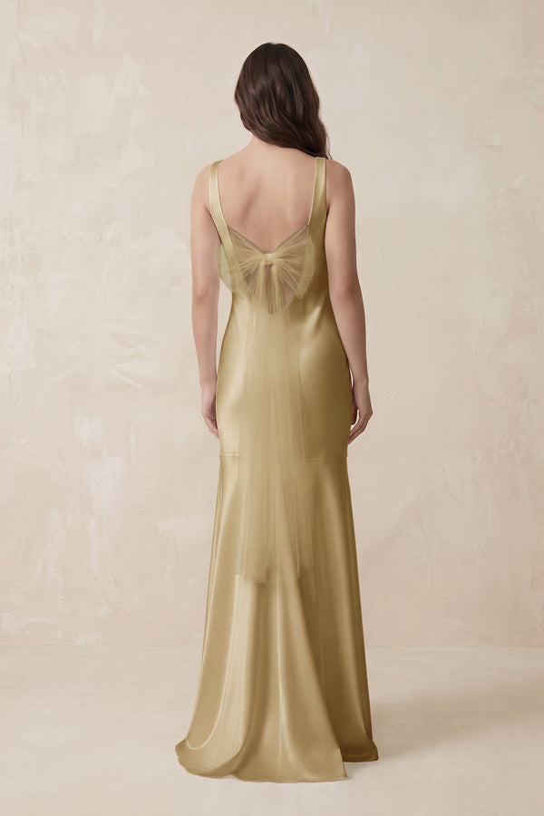 Mermaid Scoop Neck Satin Bridesmaid Dress with Bow in Champagne - KissProm Bridesmaid Dresses