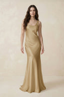 Mermaid Scoop Neck Satin Bridesmaid Dress with Bow in Champagne - KissProm Bridesmaid Dresses