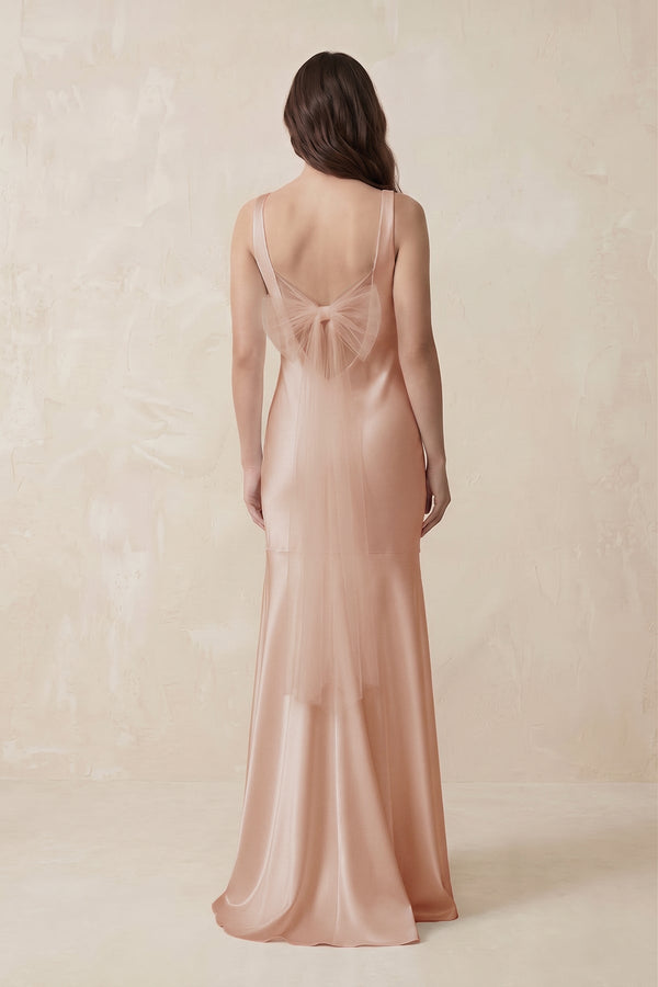 Mermaid Scoop Neck Satin Bridesmaid Dress with Bow in Champagne Rose - KissProm Bridesmaid Dresses