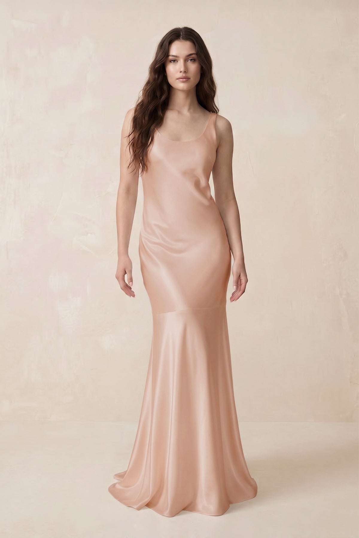 KissProm Mermaid Scoop Neck Satin Bridesmaid Dress with Bow in Champagne Rose, Champagne Rose / 16