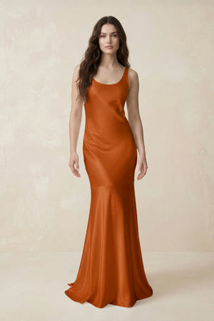 Mermaid Scoop Neck Satin Bridesmaid Dress with Bow in Cinnamon - KissProm Bridesmaid Dresses