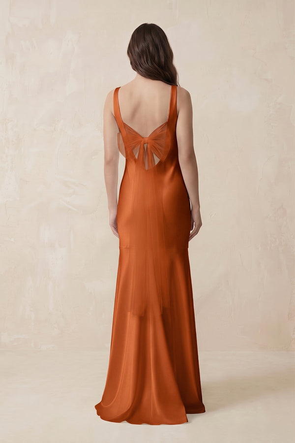 Mermaid Scoop Neck Satin Bridesmaid Dress with Bow in Cinnamon - KissProm Bridesmaid Dresses