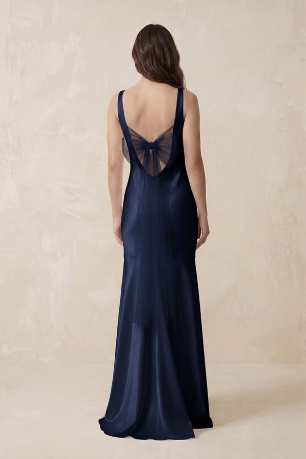 Mermaid Scoop Neck Satin Bridesmaid Dress with Bow in Dark Navy - KissProm Bridesmaid Dresses