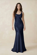 Mermaid Scoop Neck Satin Bridesmaid Dress with Bow in Dark Navy - KissProm Bridesmaid Dresses