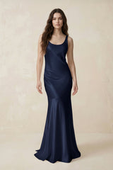 Mermaid Scoop Neck Satin Bridesmaid Dress with Bow in Dark Navy - KissProm Bridesmaid Dresses