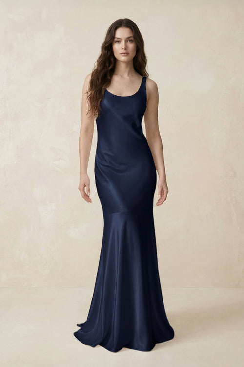 Mermaid Scoop Neck Satin Bridesmaid Dress with Bow in Dark Navy - KissProm Bridesmaid Dresses