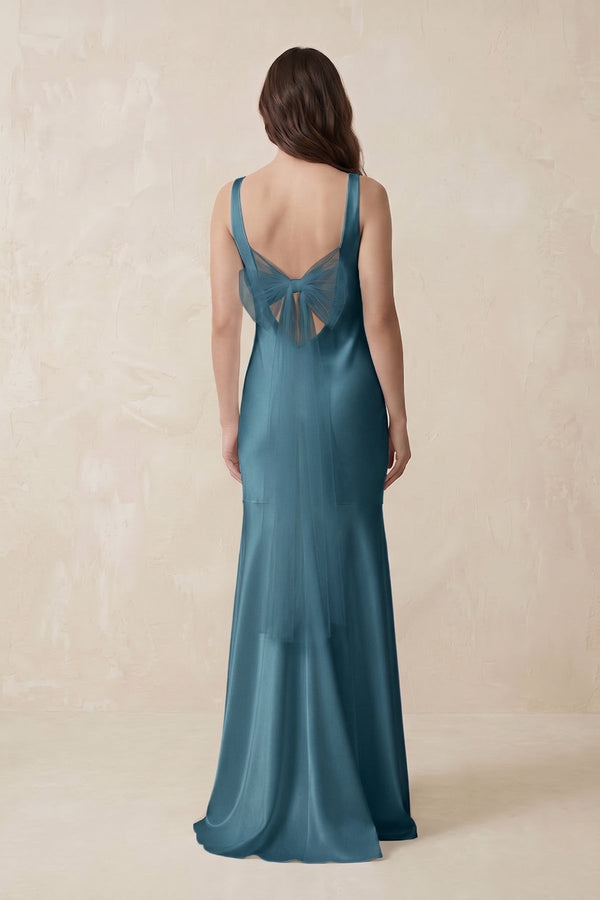 Mermaid Scoop Neck Satin Bridesmaid Dress with Bow in Dark Teal - KissProm Bridesmaid Dresses