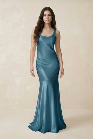 Mermaid Scoop Neck Satin Bridesmaid Dress with Bow in Dark Teal - KissProm Bridesmaid Dresses