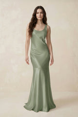 Mermaid Scoop Neck Satin Bridesmaid Dress with Bow in Dove Gray - KissProm Bridesmaid Dresses