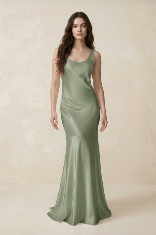 Mermaid Scoop Neck Satin Bridesmaid Dress with Bow in Dove Gray - KissProm Bridesmaid Dresses