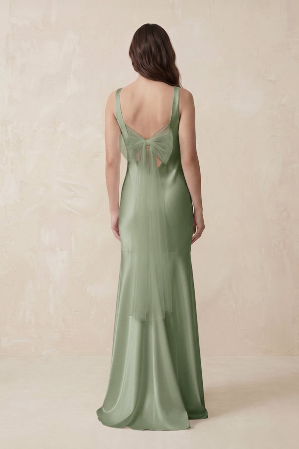 Mermaid Scoop Neck Satin Bridesmaid Dress with Bow in Dove Gray - KissProm Bridesmaid Dresses