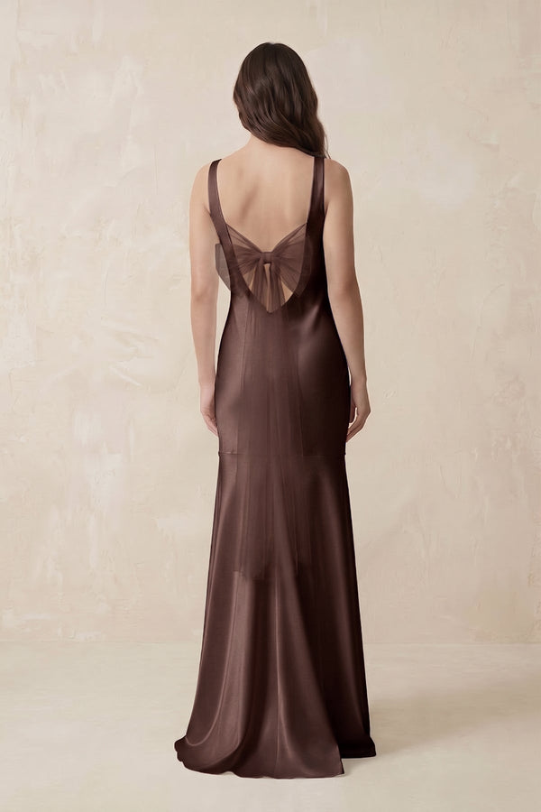 Mermaid Scoop Neck Satin Bridesmaid Dress with Bow in Espresso - KissProm Bridesmaid Dresses