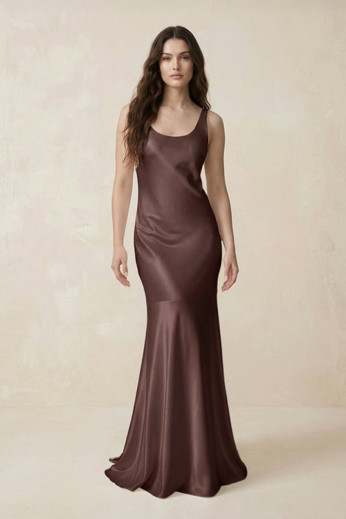 Mermaid Scoop Neck Satin Bridesmaid Dress with Bow in Espresso - KissProm Bridesmaid Dresses