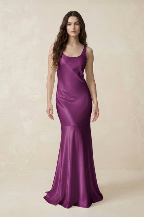 Mermaid Scoop Neck Satin Bridesmaid Dress with Bow in Fig - KissProm Bridesmaid Dresses