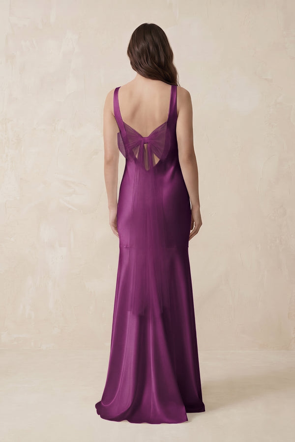 Mermaid Scoop Neck Satin Bridesmaid Dress with Bow in Fig - KissProm Bridesmaid Dresses