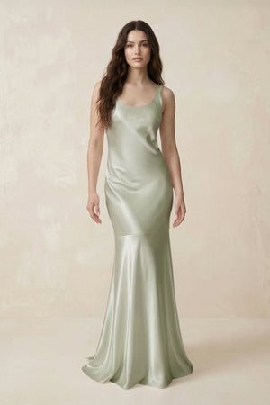 Mermaid Scoop Neck Satin Bridesmaid Dress with Bow in Frost - KissProm Bridesmaid Dresses